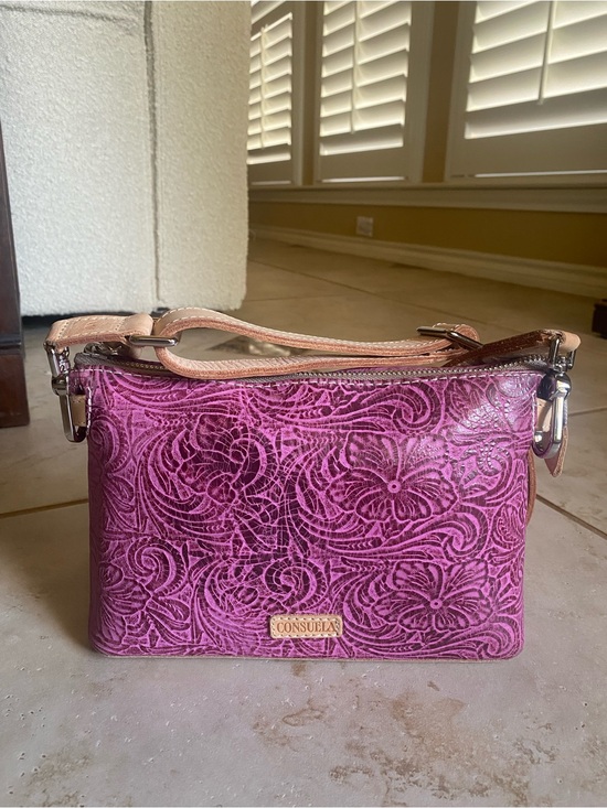Consuela Handbags - Consuela Mena Fuchsia Tooled Leather Midtown Crossbody Bag with Leather Trim